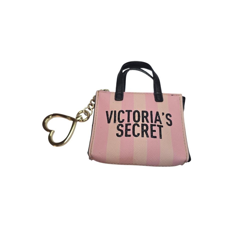 Victoria's Secret Pink Striped Mini Tote Coin Purse Keychain Heart Clasp Logo